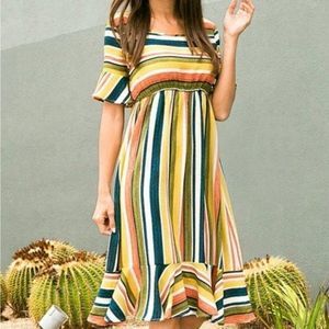 NWOT -Bold stripped mid dress with ruffle sleeves